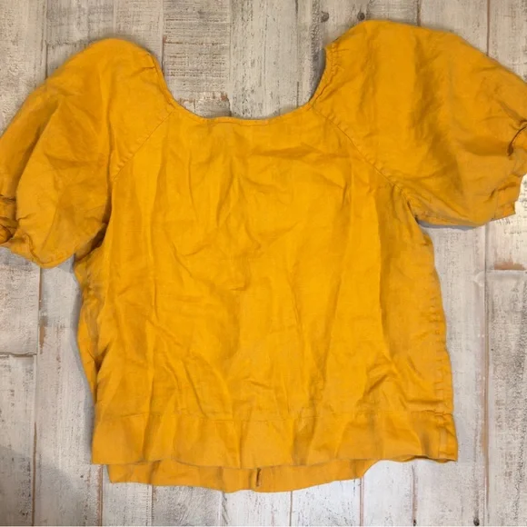 Everlane Linen Puff Sleeve Top | Size 6 | Yellow | Button Front | Square Neck - Picture 4 of 5